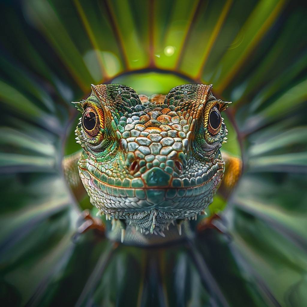 High nation-geographic symmetrical close-up portrait shoot in green jungle of an expressive lizard, anamorphic lens, ultra-realistic, hyper-detailed, green-core, jungle-core –ar 16:9 –q 2 --v 6.0