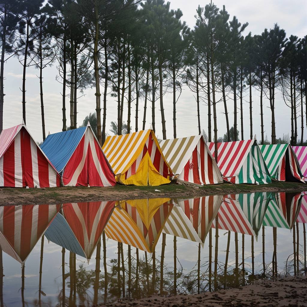 Festival camping tents near water by Daniel Buren, vivid colors by Daniel Buren