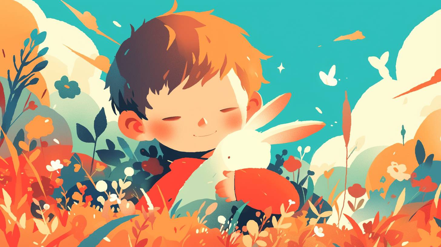A cute illustration depicting a sense of childlike innocence and happy emotions with the theme of children or animals, actions in a specific environment, vector illustration, flat design, pastel colors, simple design, soft lighting, and warm atmosphere