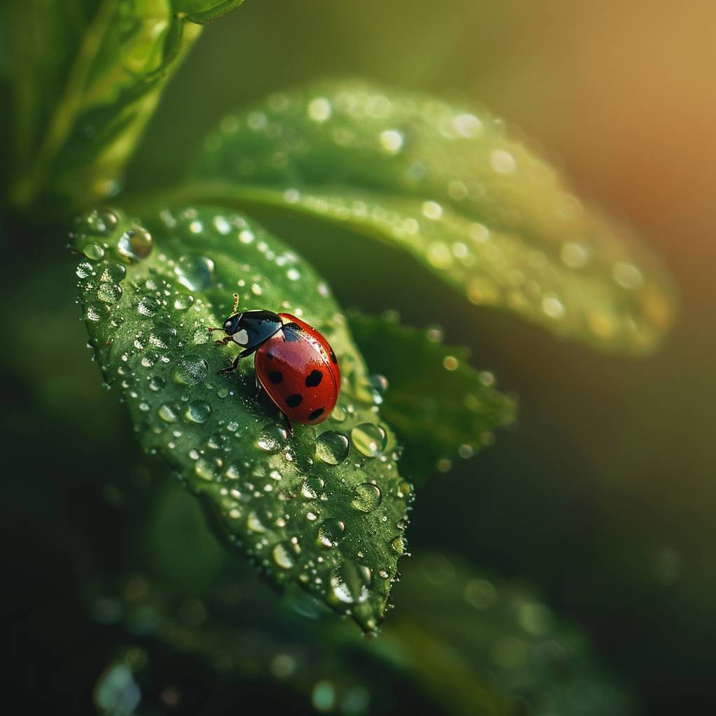 Ladybug, morning dew on leaves, macro, sharp focus, sunlight, droplets, vibrant green, texture, freshness, detailed, natural patterns, zoomed-in, crisp clarity