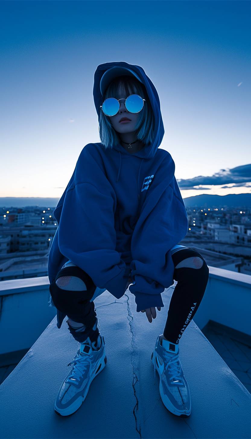 A photo of a blue-haired Instagram model wearing a blue hoodie. She is strong and wearing blue sunglasses. She is on a rooftop during the blue hour, with short hair.