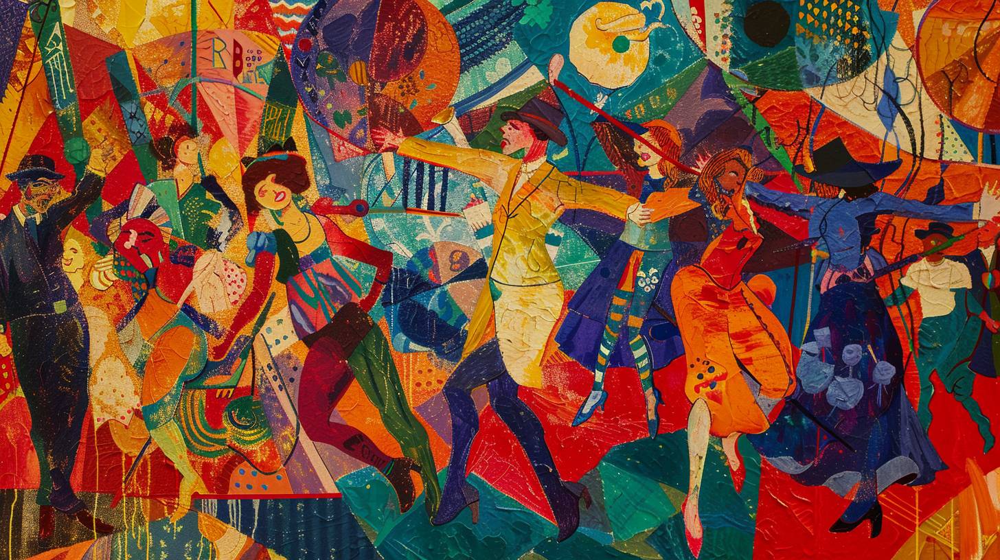 A lively and colorful scene of circus performers, featuring acrobats, clowns, and dancers, in the style of Henri de Toulouse-Lautrec, with bold lines and dynamic compositions