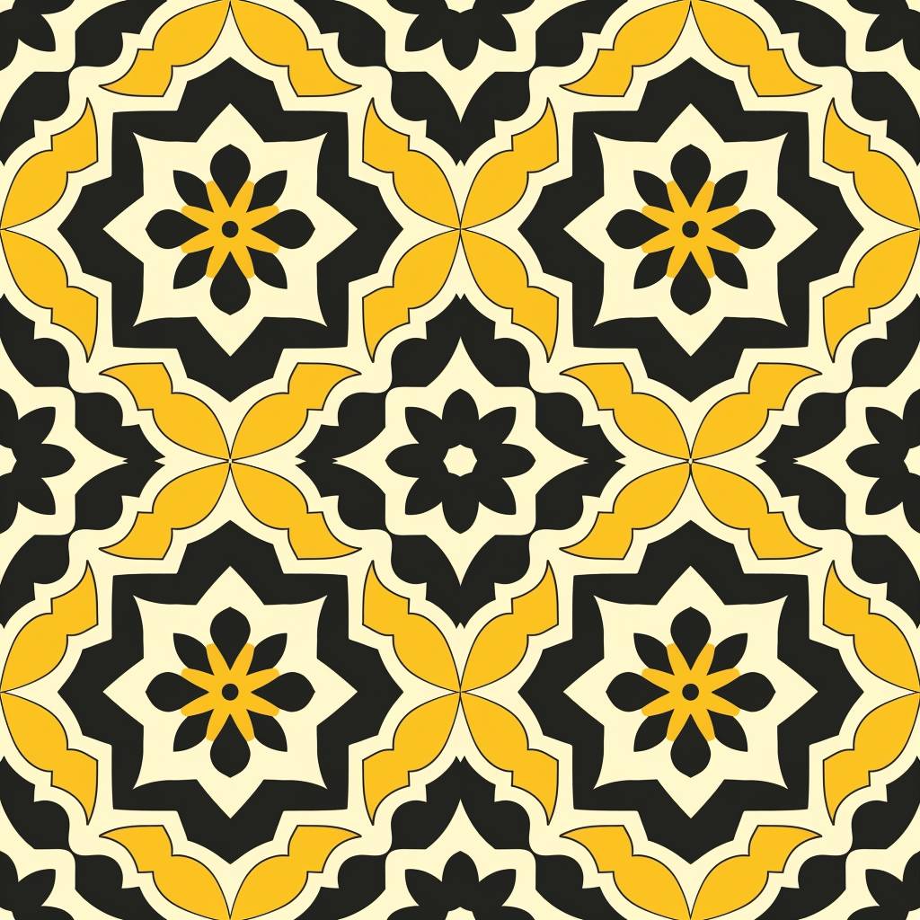 Arabesque seamless pattern, yellow and black, minimal, flat, line art style