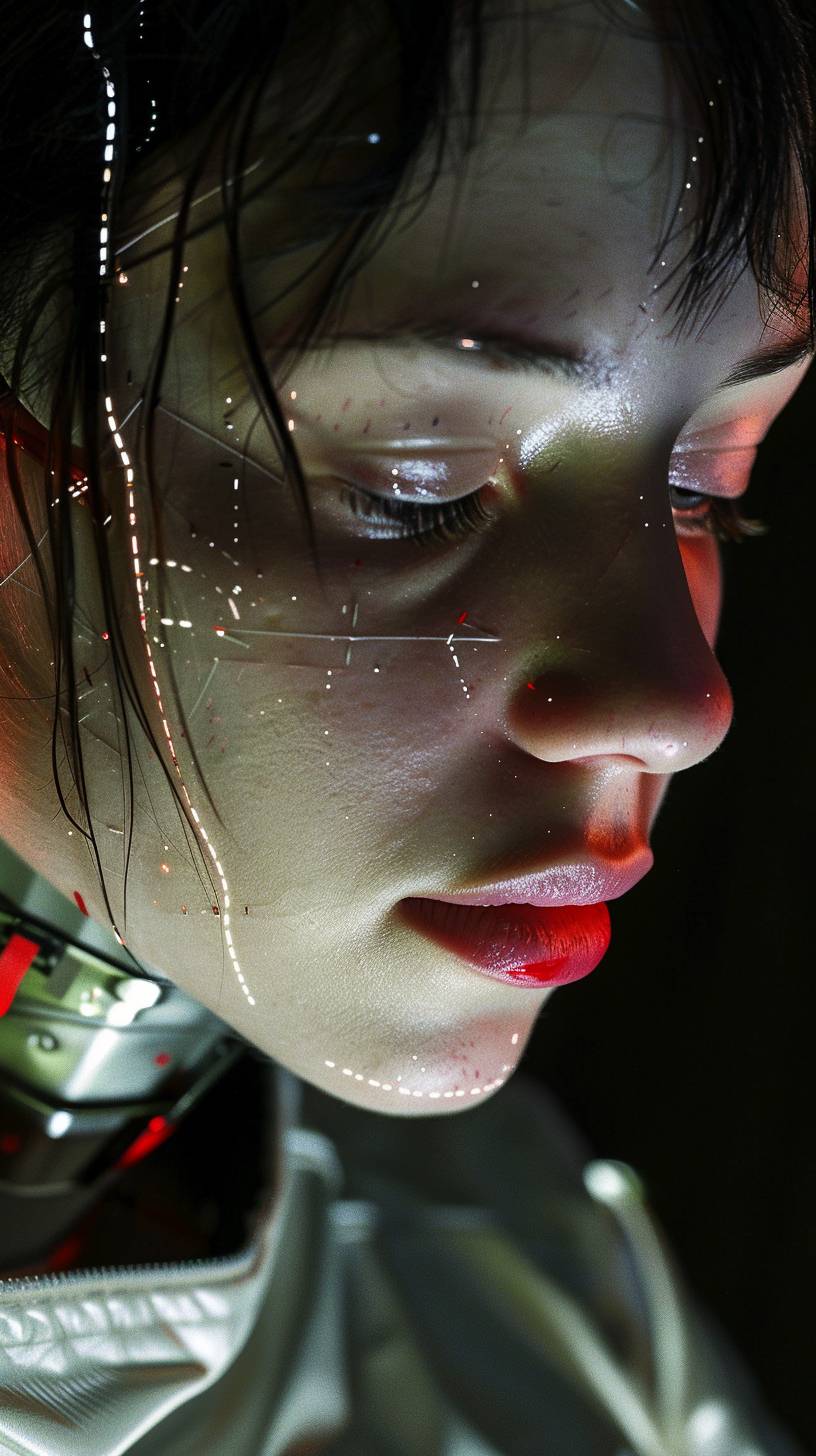 Extremely detailed close-up documentary photograph by Tony Conrad of young woman-cyborg. Cyberpunkcore, volumetric lighting, shadowplay.