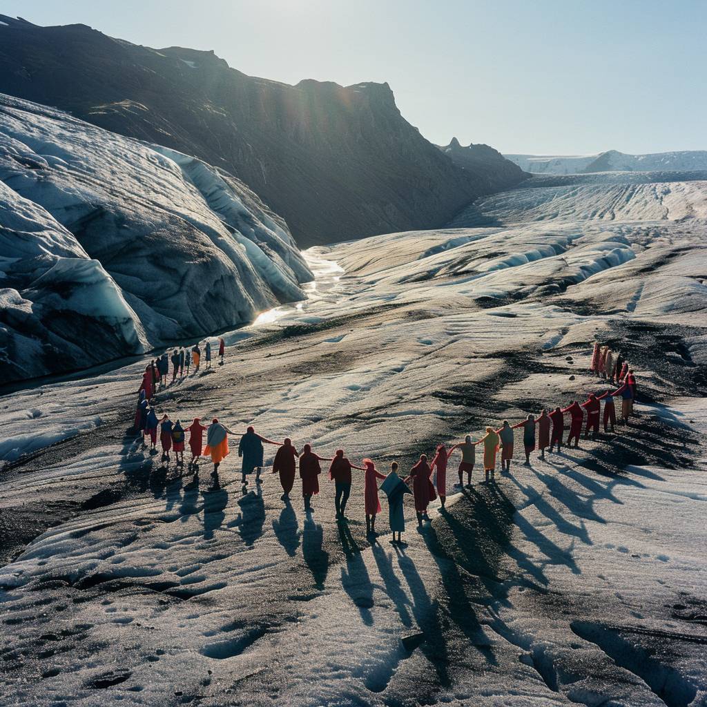 Imagine a surreal scene in Iceland where Scarlett Hooft Graafland has orchestrated a performance. A vast, barren landscape of ice and rock, with a group of performers dressed in vibrant, contrasting colors, forming a human chain across a glacier. The sun casts long shadows, creating an otherworldly atmosphere. The image is captured using a Leica M10, emphasizing the sharp contrasts.