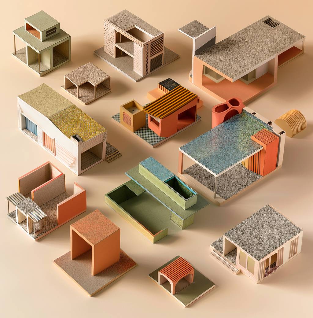 さまざまな種類やスタイルの家や建物を表す建築モデルのシリーズが、３次元の配置を示すオーバーヘッドビューを形成するために、積み重ねられています。モデルには、ガボル屋根を持つ単純な四角いブロック構造、複雑なフラクタルデザイン、現代建築に似た形状、ミニマリストのライン、カラフルな色調が含まれており、すべて中立的な背景に対して設定されています。この視覚的な表現は、これらの形式をどのように組み合わせてユニークな構成にするかを強調しています。