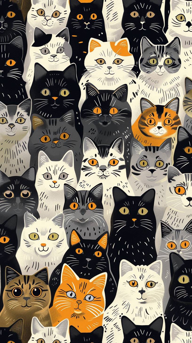 A plethora of intricately illustrated cats. These cats vary in breed, color, and pattern, with each possessing distinctive eyes that are a striking shade of yellow. The cats are densely packed together, creating a rich tapestry of fur and whiskers. The background is predominantly black, which accentuates the white and gray hues of the cats, making them stand out prominently.