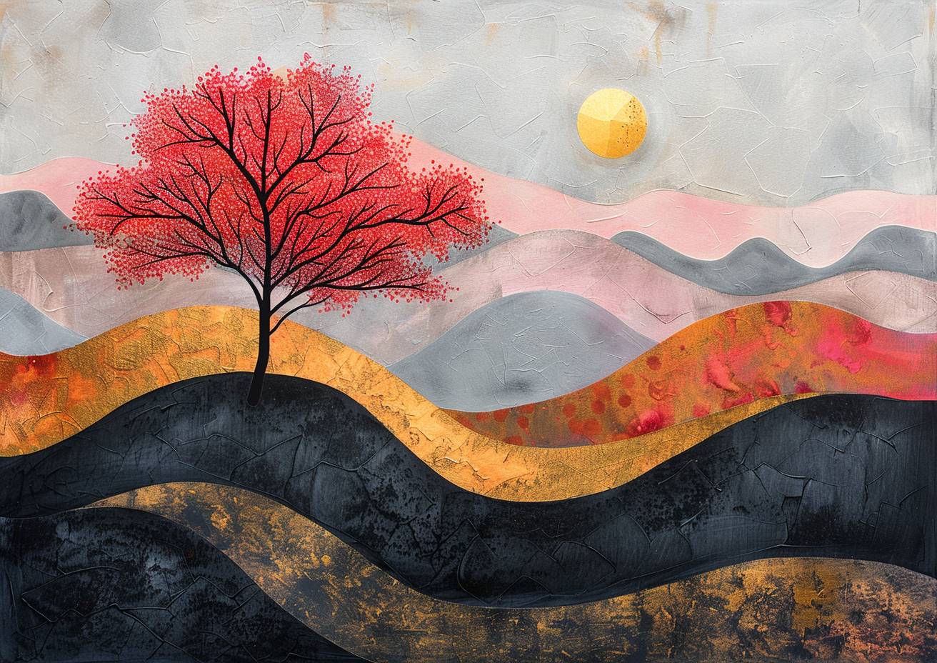 Minimalist abstract painting, a young wild cherry tree with colorful fruit, rolling hills, sunshine isolated in negative space, dry brushed with colorful chalk and charcoal, black marker outlines, gold foil accents, muted palette