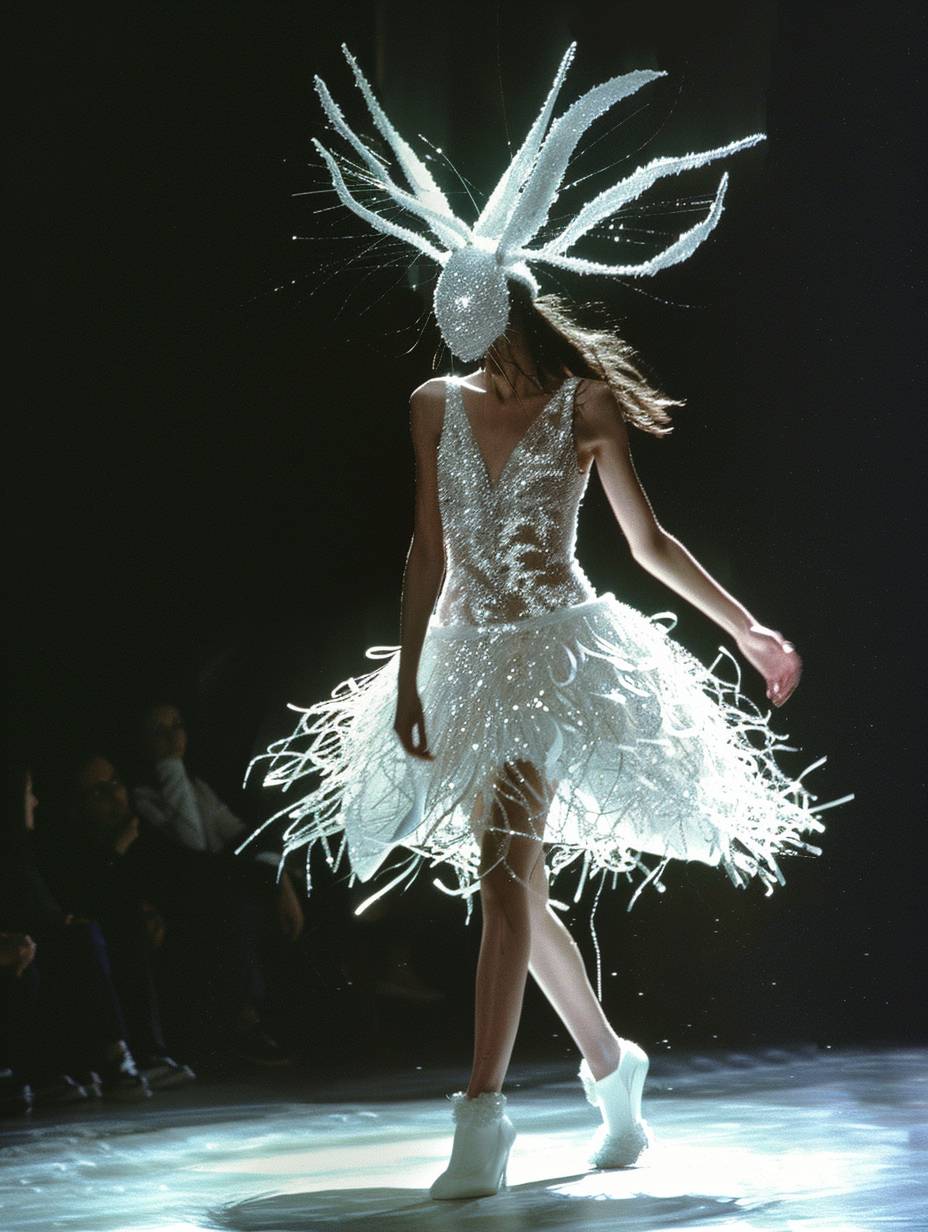 90's fashion bunny runway show easter season, by Iris Van Herpen bridal gown couture fashion luxury, glitter white, bunny modells with bunny ears dresses made of glitter and fine materials, glittering, inspired by a sci-fi movie, Iris van Herpen, full body, film camera, wide angle, 14mm.