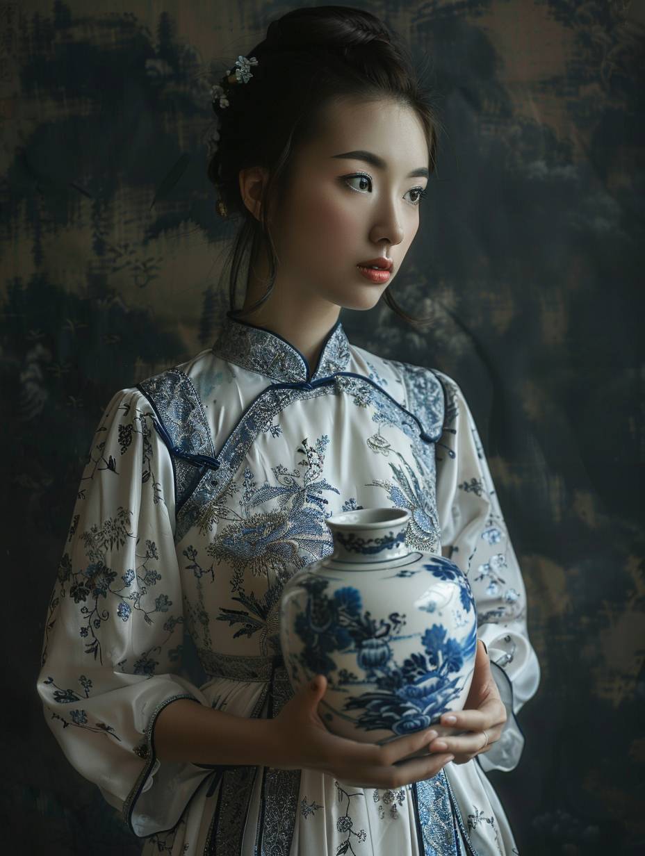 大規模な絵画風のモノクロなエレガンスを持つ白と青のドレスを着たアジア人女性が花瓶を持っている。テーブルトップ写真、動物のモチーフ