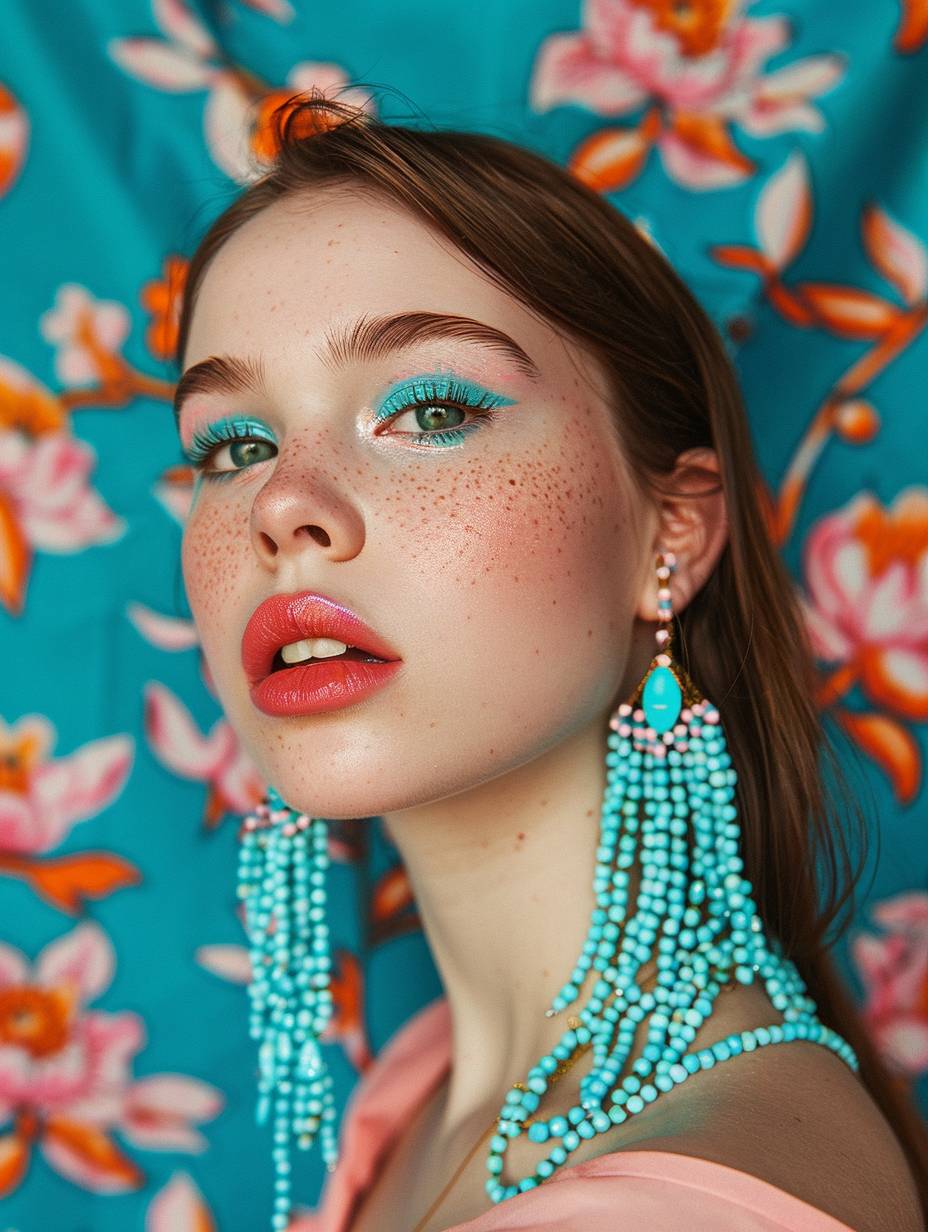 A beautiful girl with makeup and turquoise beaded earrings stands against a background of psychedelic floral patterns. She has pink lips, turquoise eyes, white skin, and long brown hair. The photograph captures her with perfect lighting.