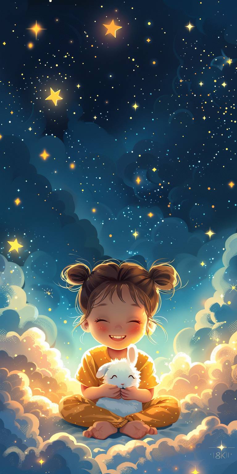 Hand-drawn, cute little girl on a sea of clouds, baby face, laughing, with two hair buns, holding a white rabbit, stars in the sky background, blue and yellow, intricate, 8k niji 5