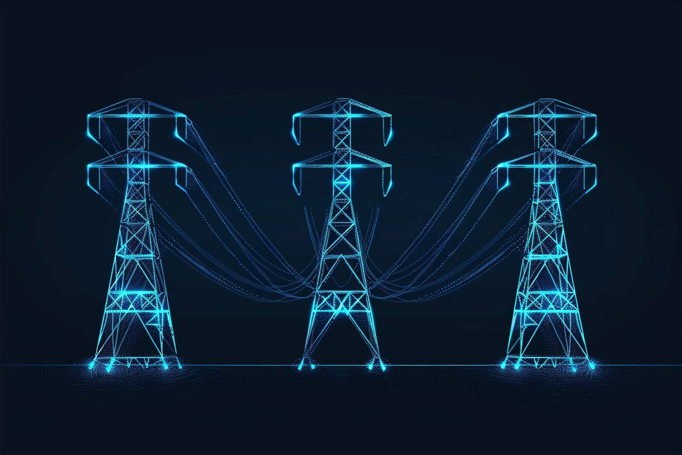 高い電圧の電気タワーの光る青色線画、暗い背景、ベクターイラスト、フラットデザイン、クリーンな線、高解像度、各タワーの左側に影がない