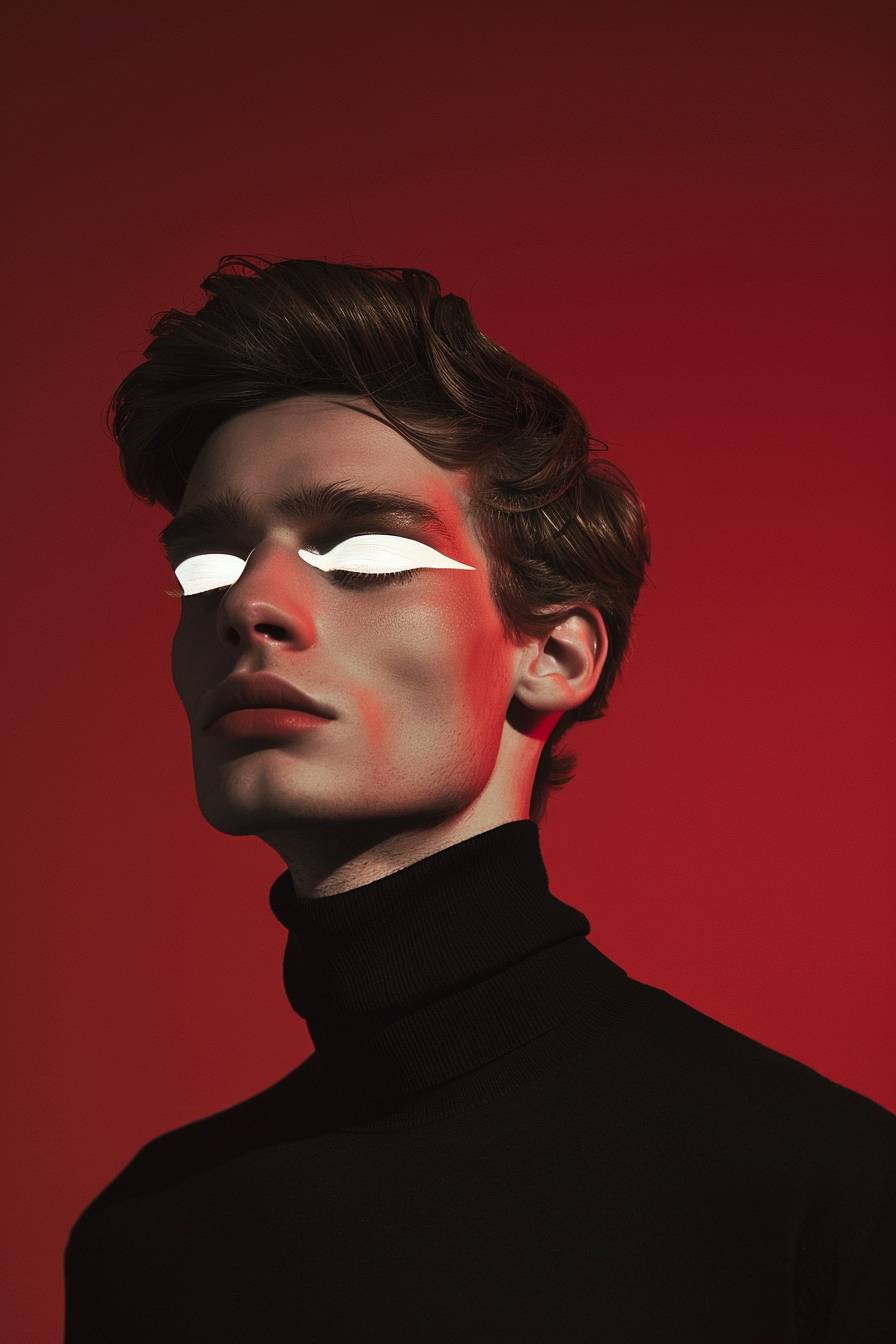 A surreal portrait of a minimalistic man with two white glowing eyes and long thin eyelashes, wearing a black turtleneck and posing in front of a red background.