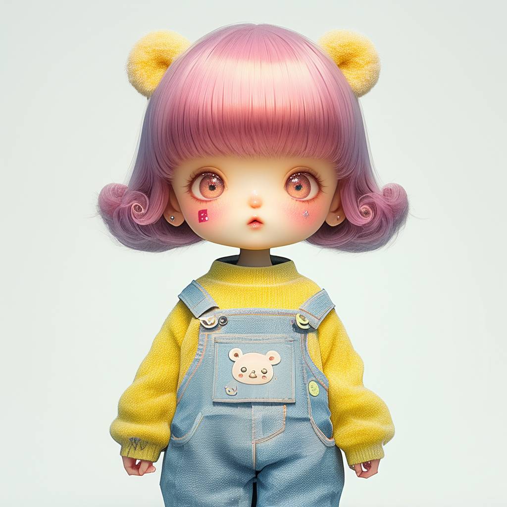 A resin toy of an adorable trendy lively baby girl. The figure is wearing furry overalls with a fine fluffy plush texture. She has eyes that resemble cartoon characters, short hair, chibi. Her head was designed to have round proportions similar to a detailed character design, cute pose. Isolated against a white background.