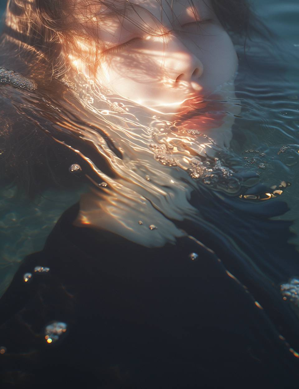 Waterline Gaze, Wide Angle, Shot on Hasselblad X1D, The image captures a woman as she floats, her eyes closed, with half her face submerged. The tilt-shift lens blurs the boundaries of water and air, focusing on where the water gently laps at her skin and where her hair floats away, mingling with the ripples of the sea. foreshortened view.