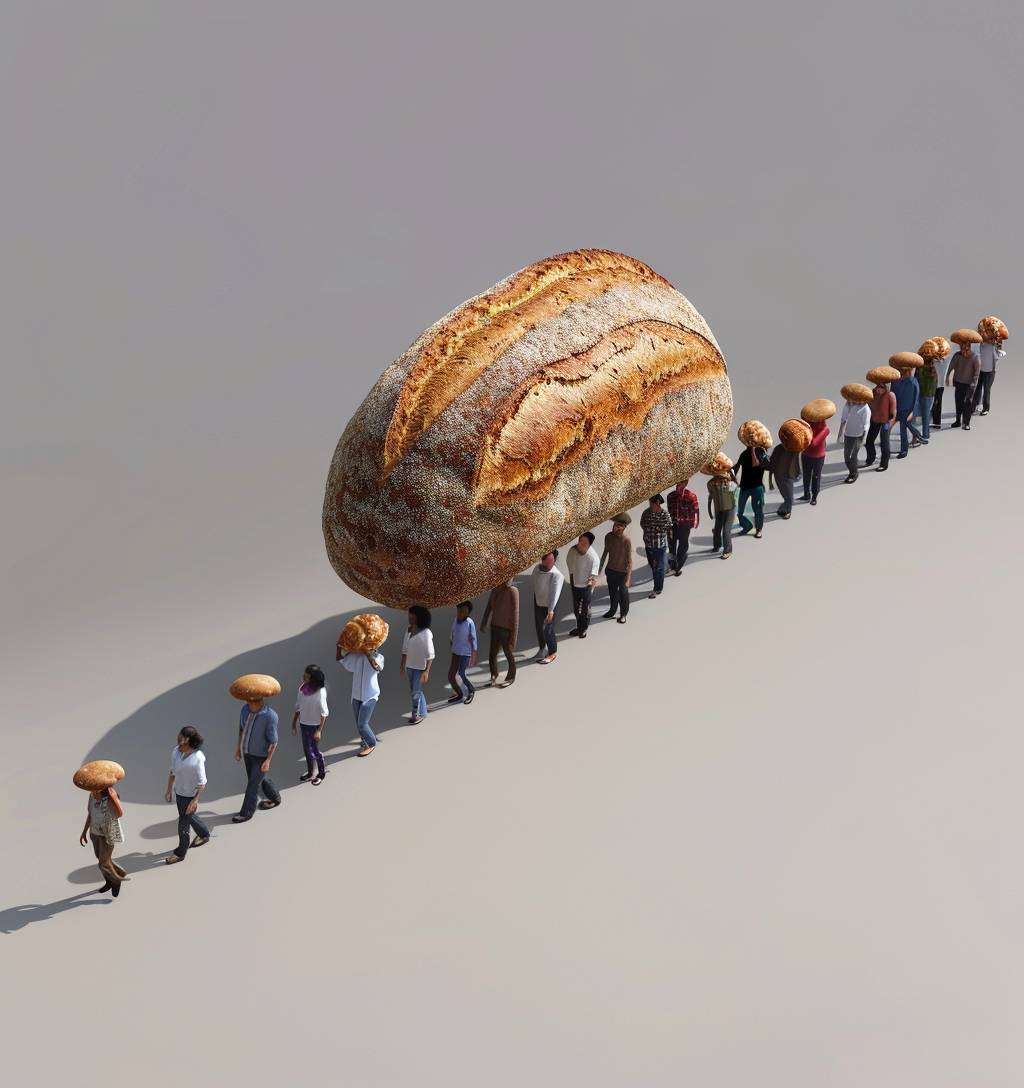 何千もの人々が肩に巨大なパンを担いでいるのが見え、行列は際限なく続いています。彼らは灰色の背景にいます。