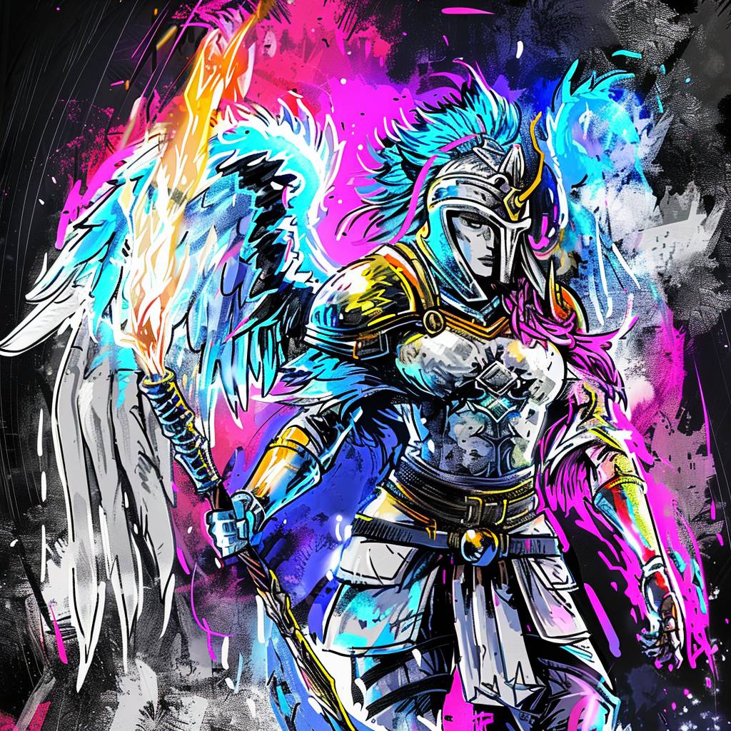 A winged valkyrie wearing silver and blue, wielding a weapon formed from incandescent plasma