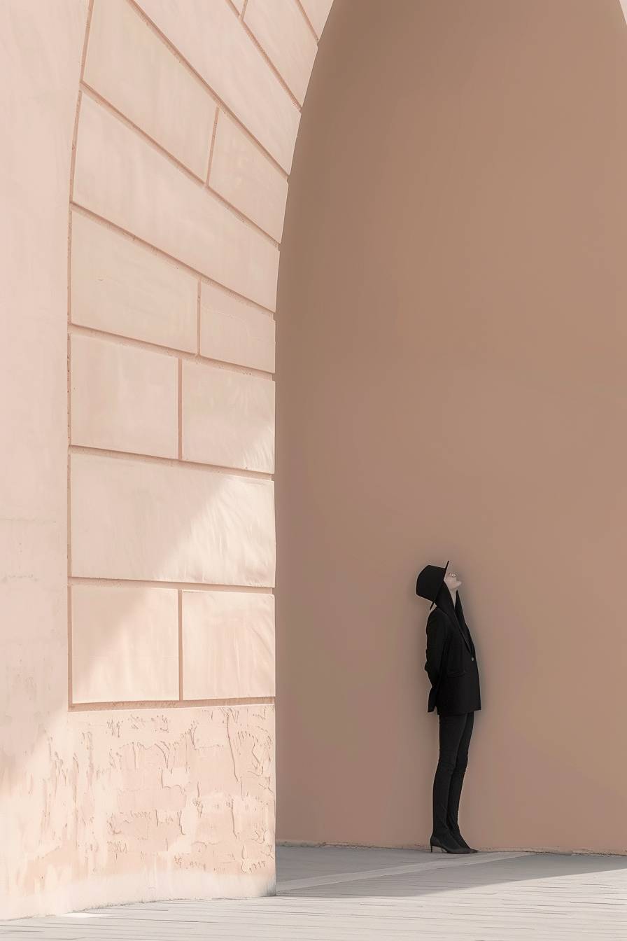 レンガの壁に寄りかかる人物のモノクローム画像で、壁の質感と影が鮮明に定義されています