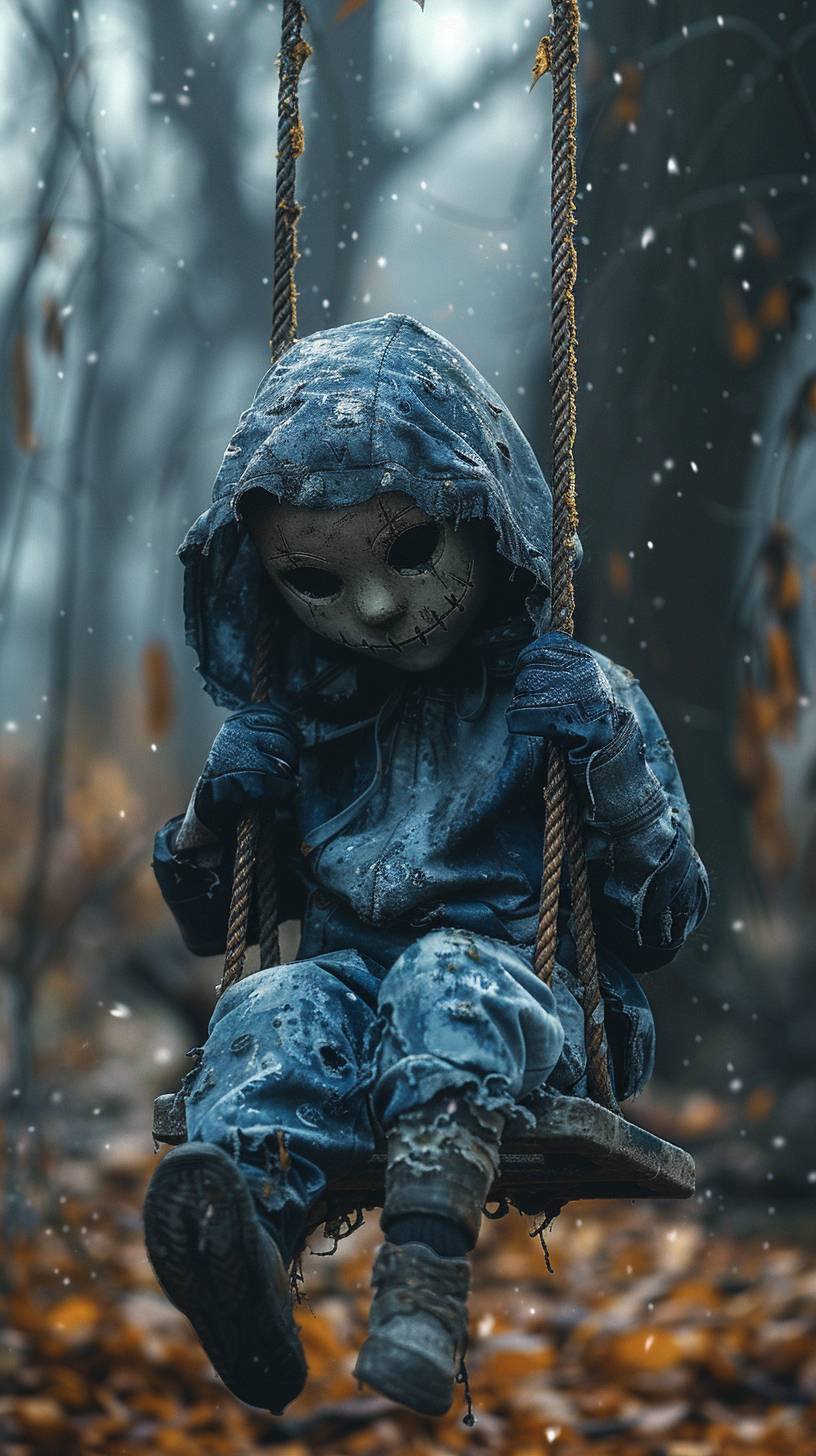 A photo of a child ghost with a creepy smile sitting on a swing in a decayed park, captured with a photo-realistic style using Sony Alpha 7R IV and FE 135mm F1.8 GM lens. The aspect ratio is 9:16, stylized with 750, and aperture at 6.0.