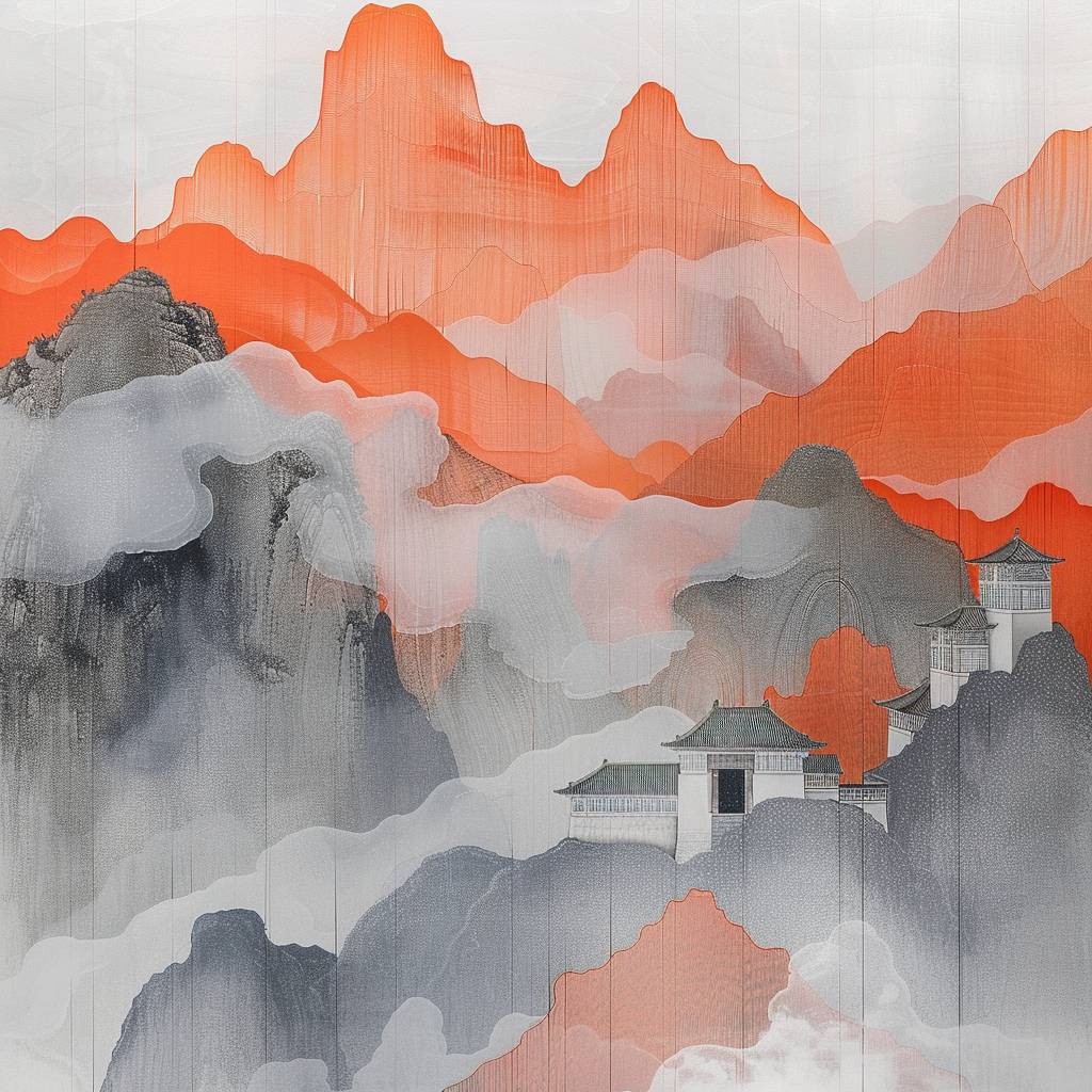 コットンクラウドが重なり合い、ミニマリズム、繊維素材のインスタレーション、山村を描いた中国の絵画、レイヤードメッシュ風の幻想的なイラスト、宗教建築、マルチカラーフィールド、白とオレンジ、アングラ系、コンセプチュアルデジタルアート--v 6.0