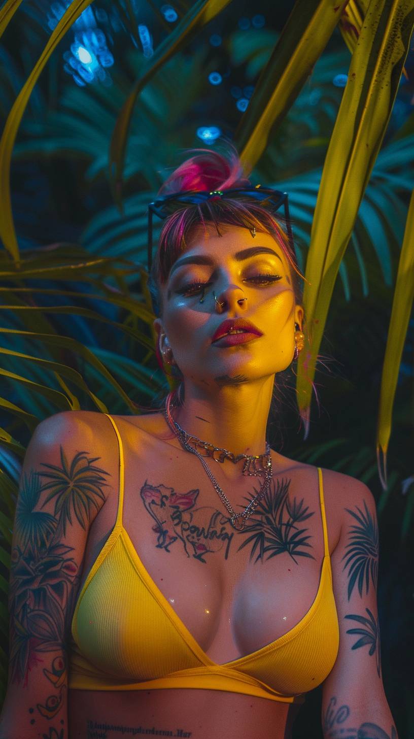 A beautiful woman with colorful tattoos in neon pink and yellow colors against a tropical leaves background, with cinematic photography in the style of hyper realistic --ar 9:16 --v 6.0
