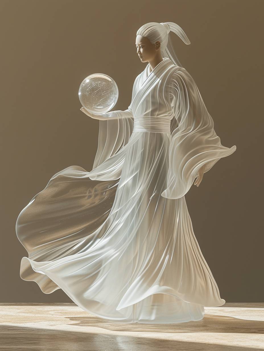 A clear, full-length glass sculpture showing a female Taoist priest, holding a crystal ball and looking at the camera, resembling Sailor Moon, with a close-up shot of her waist. Rendered with Quixel Megascans, set against a clean background, featuring a human figure inside the glass with a strength level of SW 1000.