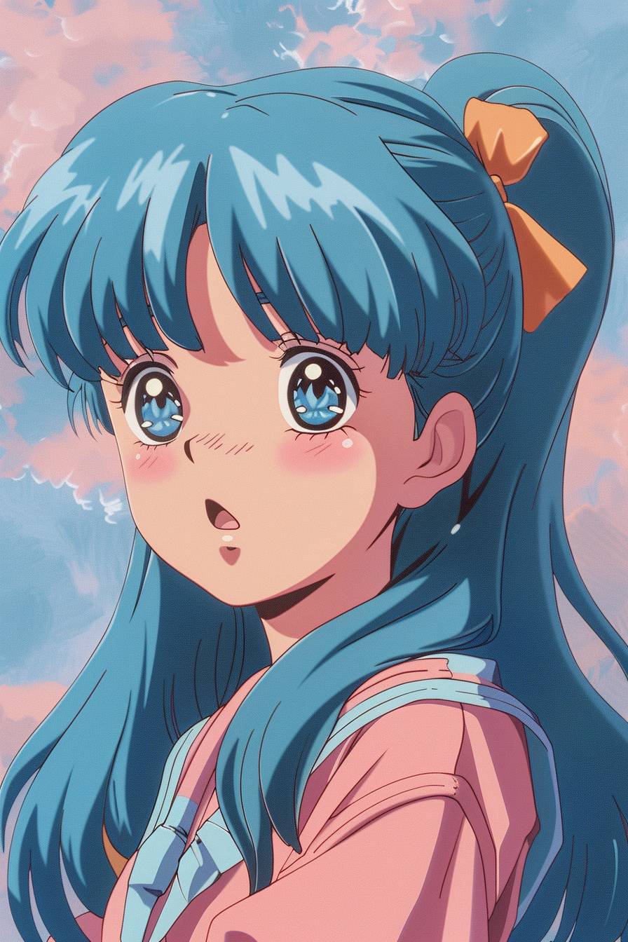 Rumiko Takahashi, in the style of Inuyasha animation, big eyes, blue hair with bangs and twintails, wearing a pastel colored outfit, in a 90's anime style.