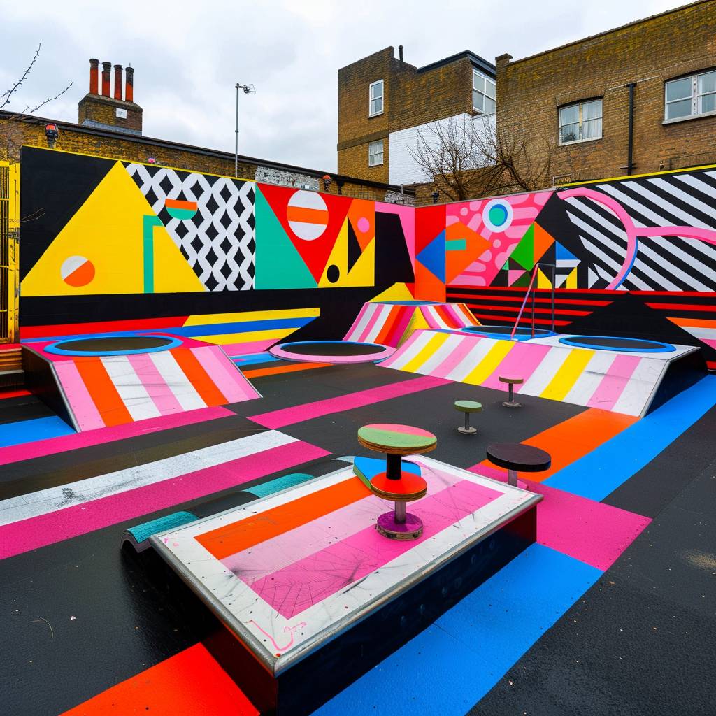 Backyard skatepark with trampolines designed by Morag Myerscough