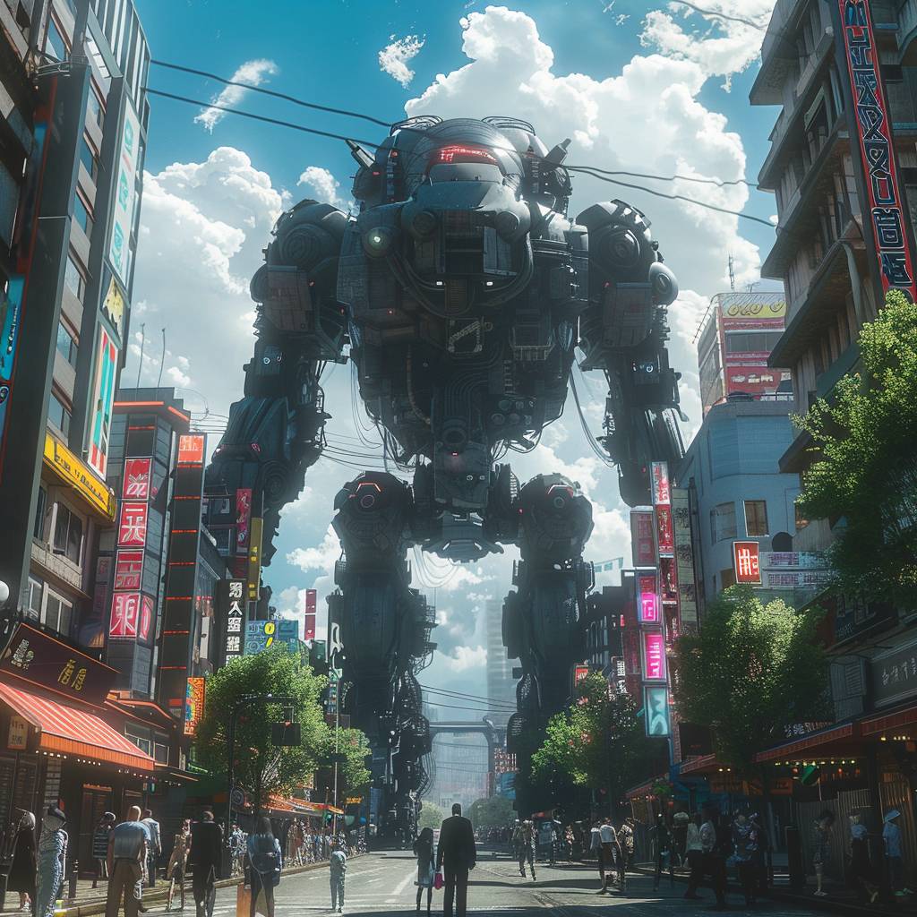 Gigantic mecha looming over cyberpunk city on sunny day.