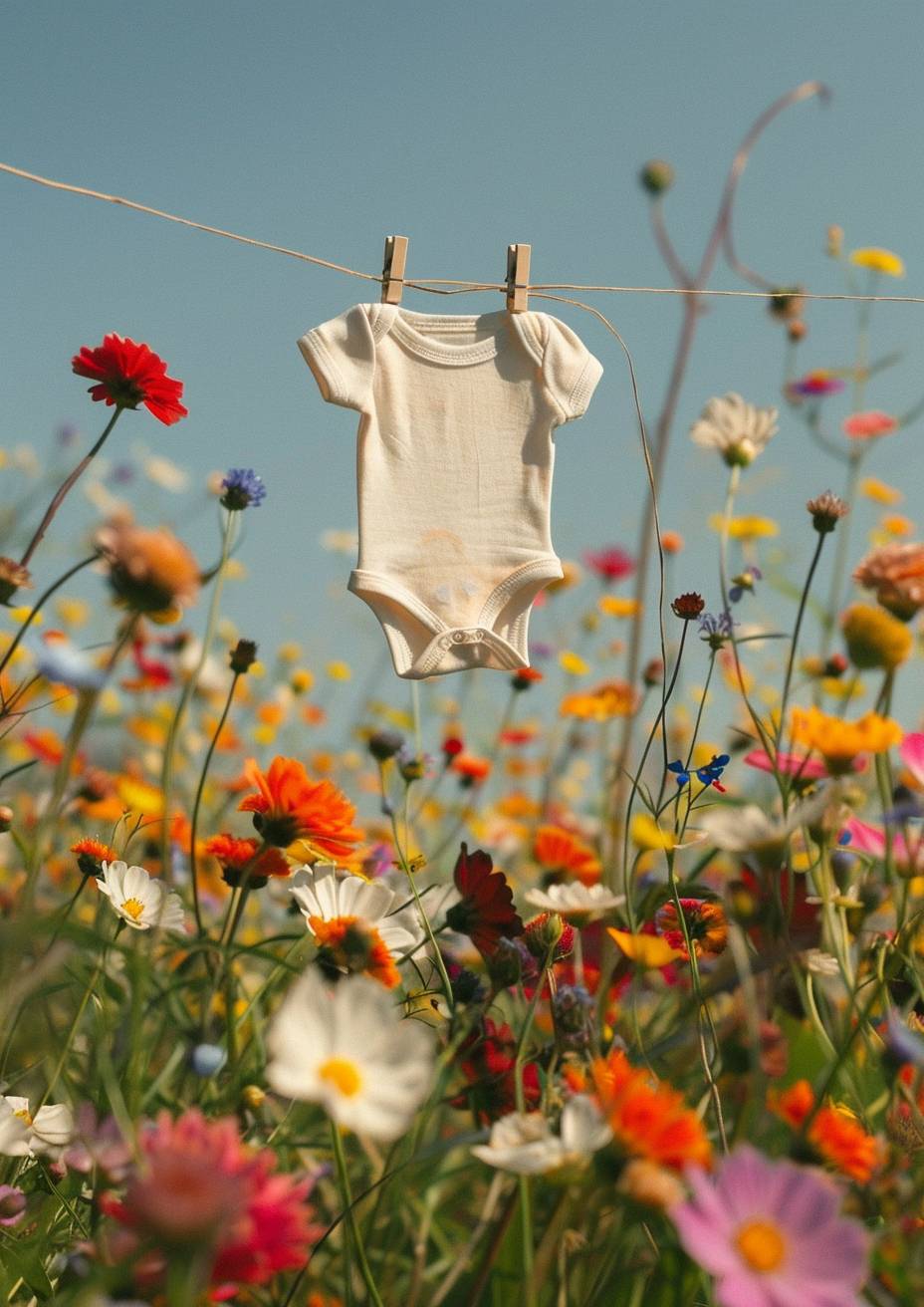 A baby onesie is hung on a string with wooden clips in the middle of a colorful flower field