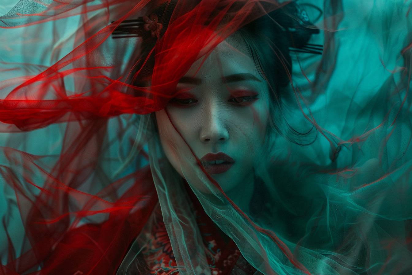 Mysterious crimson and teal vision of a geisha veiled in translucent fabrics --style raw --ar 3:2 --v 6.0