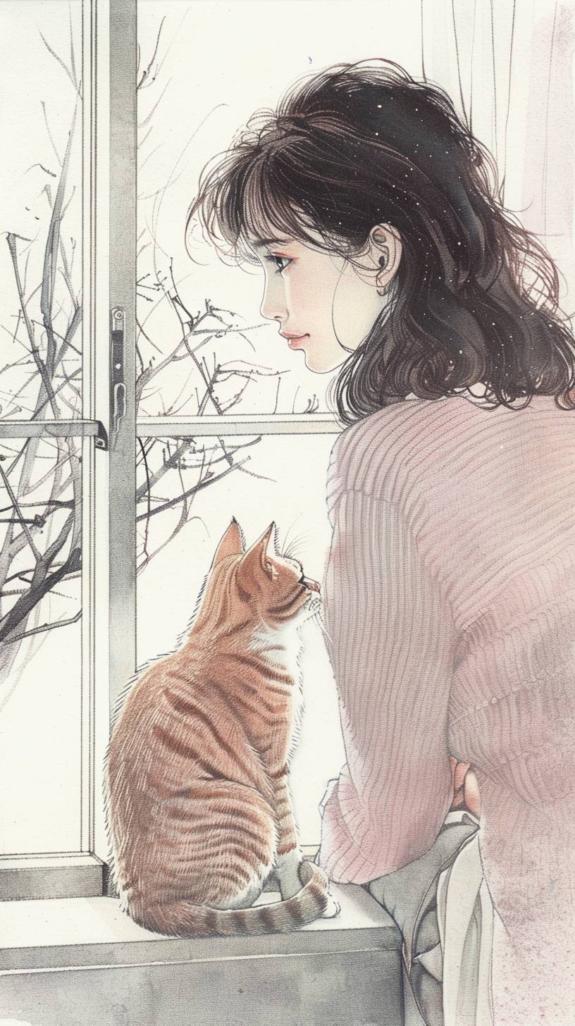 茶色の髪の少女と窓辺にいるタビーオレンジの猫