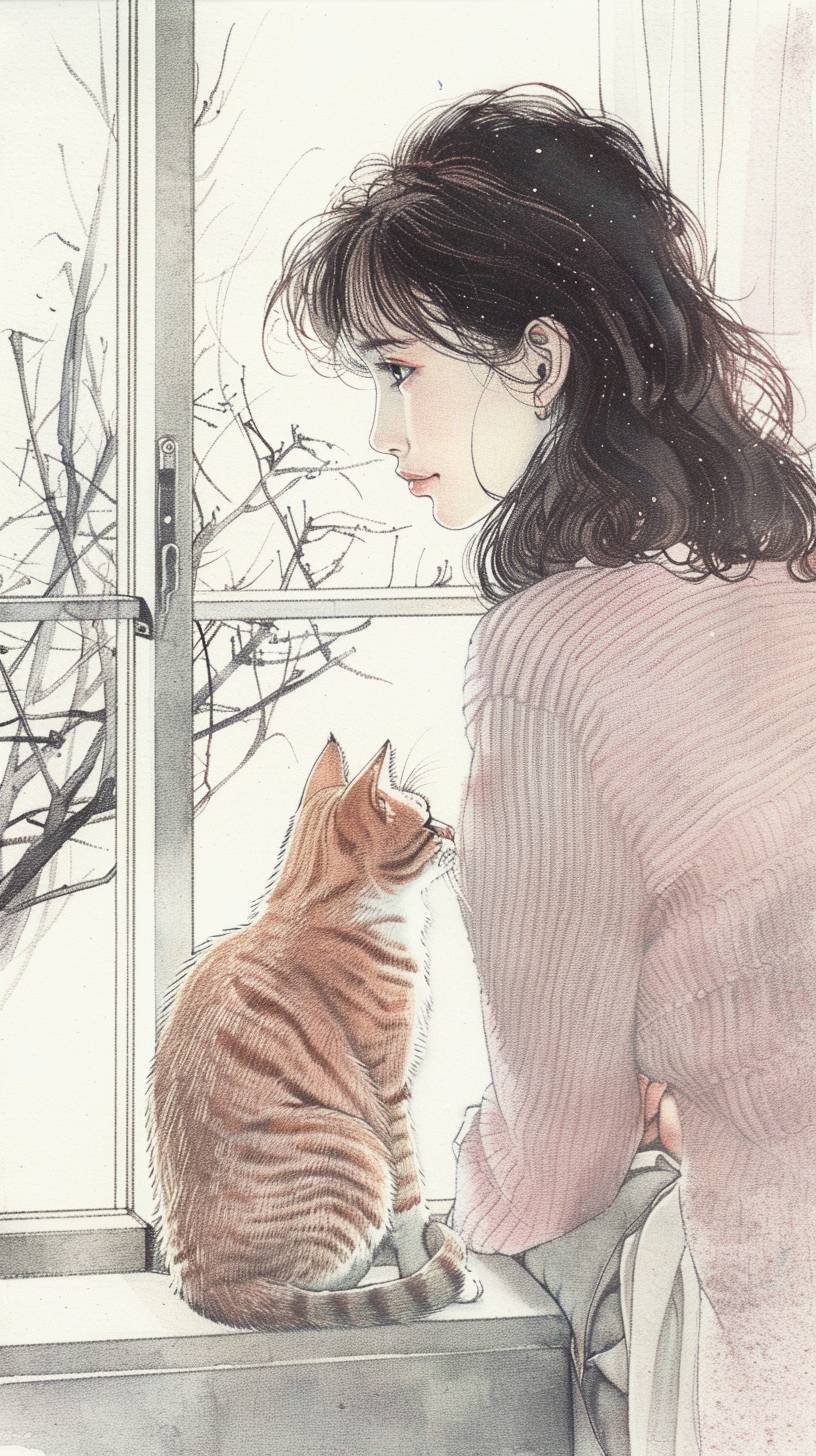 A girl with brown hair and her tabby orange cat sitting next to a window sill