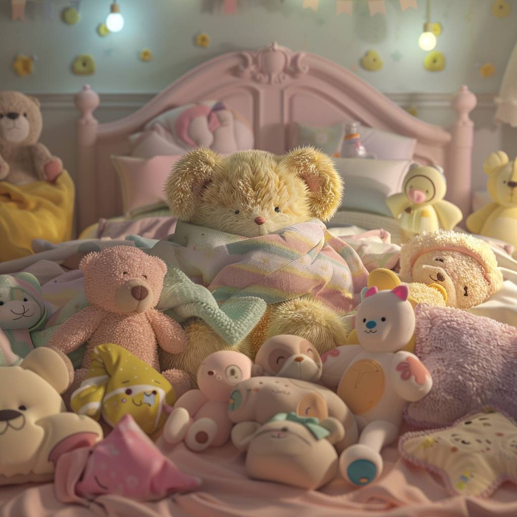 The [SUBJECT] in 'Fuzzy Feelings', wrapped in a soft, [COLOR1] pastel-colored blanket, surrounded by clusters of plush, [COLOR2] overstuffed toys and cushions in an inviting, cozy corner --v 6.0