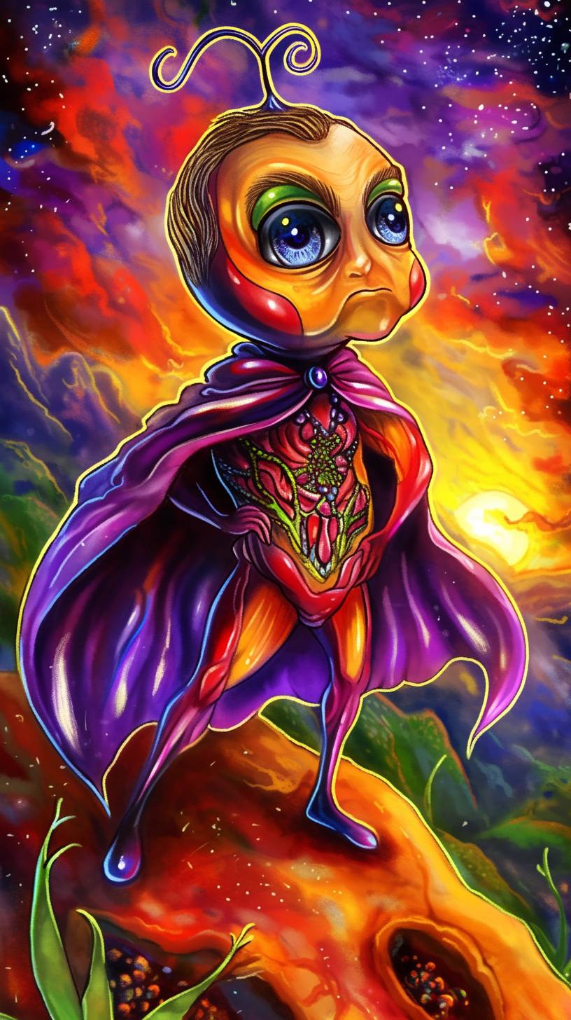 Create a cartoon of [your superhero], in the style of Kenny Scharf, grotesque caricatures