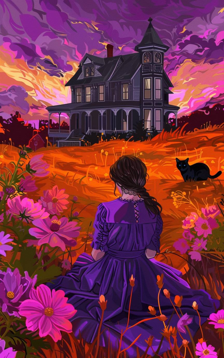 紫のドレスを着た女性が黒猫とピンクの花が咲く暗いオレンジの畑で座っている。暗いビクトリア様式の家の前には、深紫色の空が広がる。アダムス・カルバーリョのスタイルで、夕焼けのカラーパレットで構成され、均衡の取れた構図。月はなく、カオス度8、アスペクト比5：8、バージョン6.0。