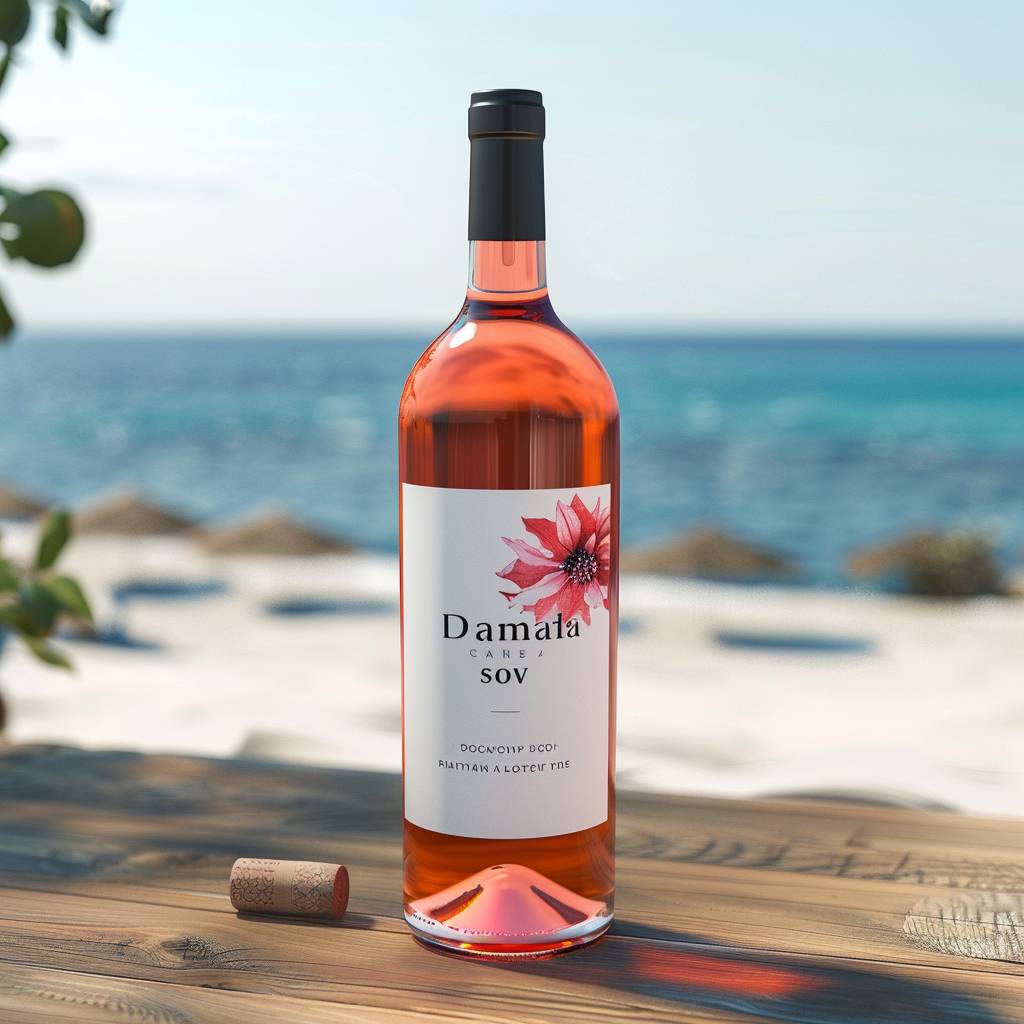 Sangria wine bottle label mockup on sunny beach table