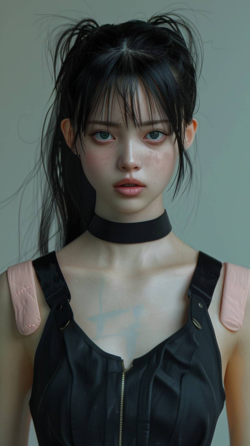 A realistic 4K photo depicting a live-action version of Sango, a character from the Japanese animation 'Inuyasha,' with a face resembling a Korean K-pop idol, wearing a black jumpsuit, and light pink protectors on her shoulders