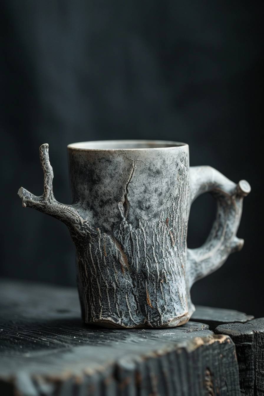 White cup, ceramic mug with handle shaped like tree trunk, dark grey color, product photography, studio lighting, black background, front view
