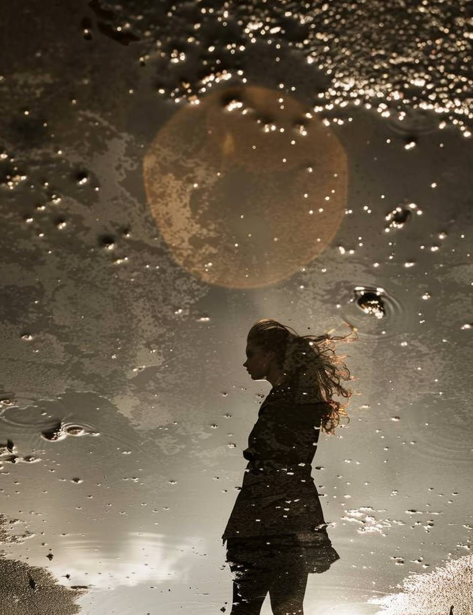 An incredible beautiful woman, as seen in a puddle reflection.