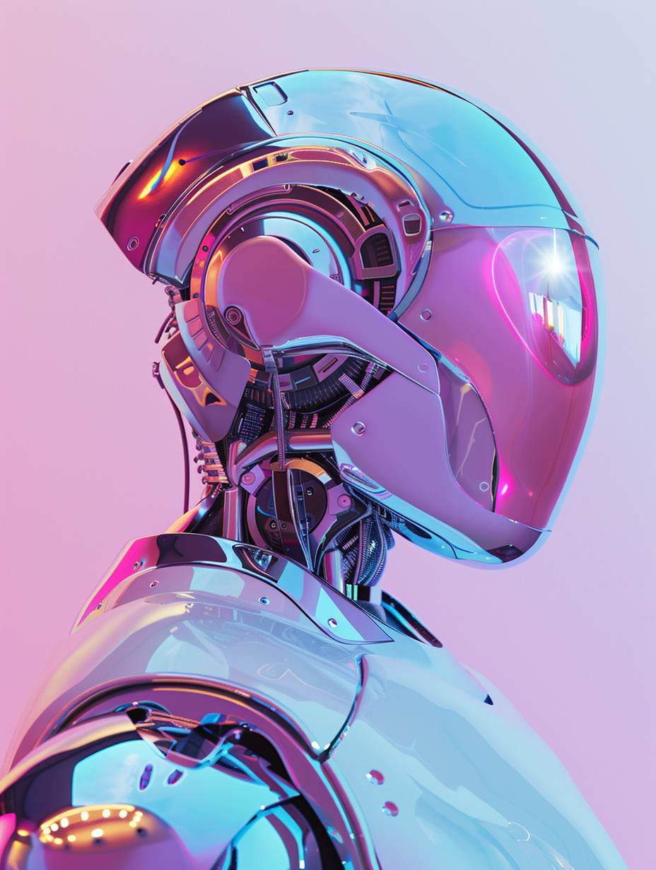 Minimalist futuristic portrait of an AI bot, pearlescent armor, soft background