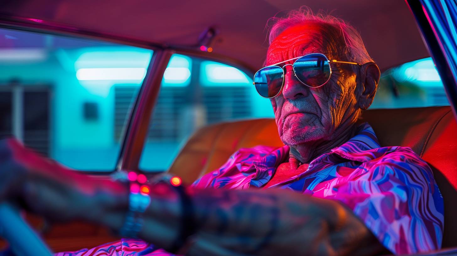 Old man in glamorous Neonwave 90s Miami Style