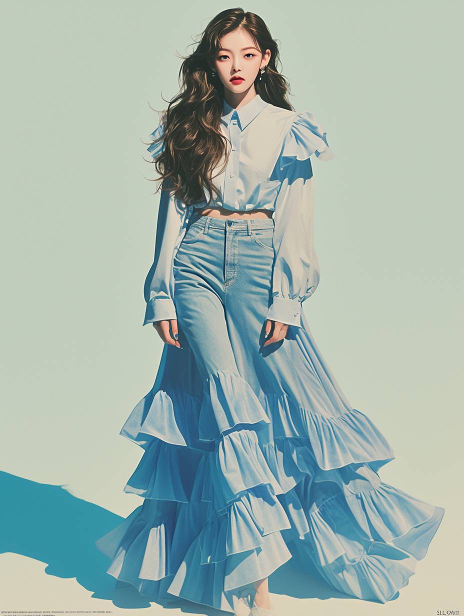 A Kpop idol wearing a simple blue shirt and long skirt in the style of ditsy frill, topped with ruffles appeared on Vogue Runway.