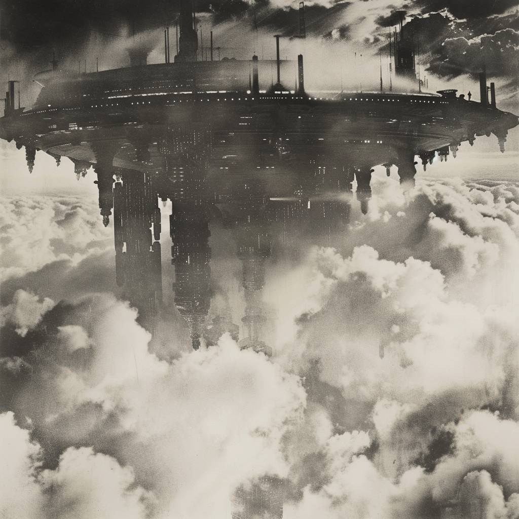マーガレット・バーク＝ホワイトによる雲の中に浮かぶ巨大な終末のメガストラクチャーの写真。壮大なスケール。中央構図