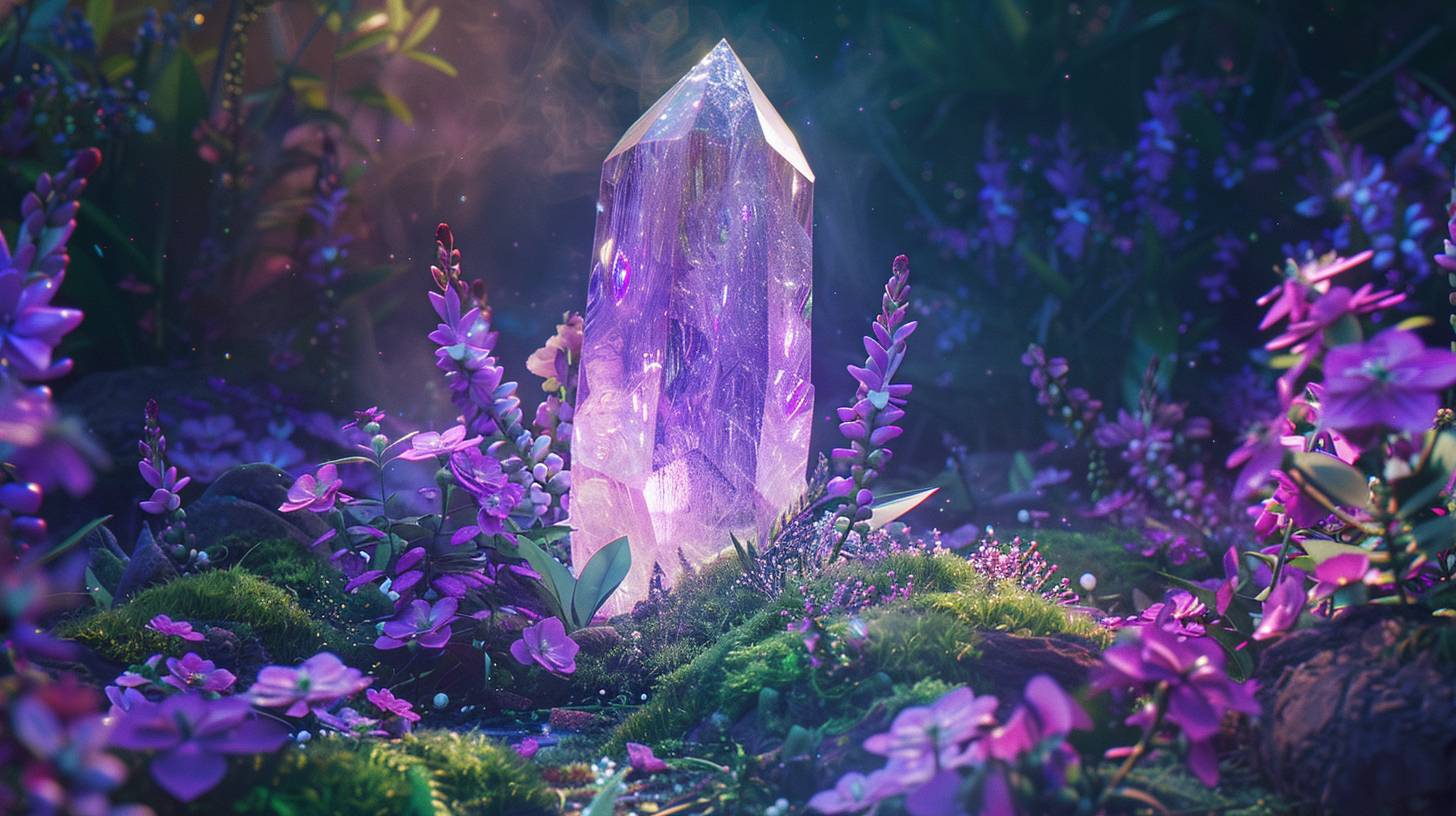 A crystal quartz in the middle of an iridescent garden, filled with flowers and moss, purple light shining through it, ethereal in the style of an Asian artist.