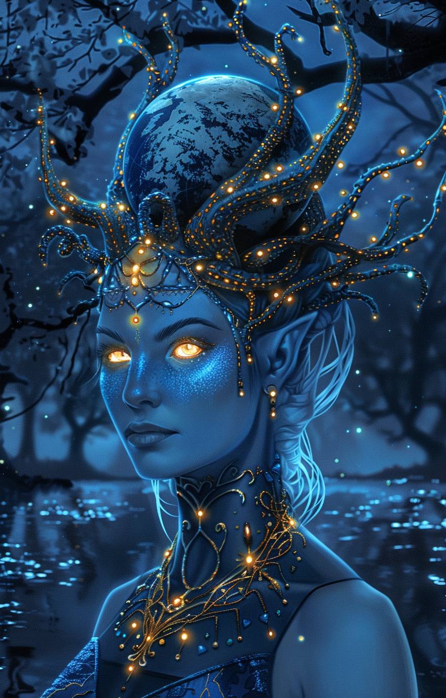 A beautiful blue woman with an elegant, slender figure and glowing eyes stands in front of the Earth. She has many metallic vines growing from behind her ears to form two metal horns that stand upright above each ear. The background is a dark night sky with trees and stars. Her chest skin glows a golden yellow like fire under sunlight. Water flows around her, creating ripples. She wears ancient silver jewelry and carries futuristic LED lights in a cinematic style.