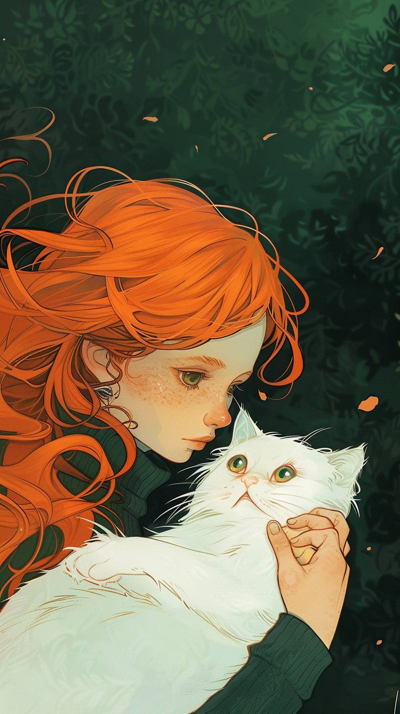 Comic cover, a girl with orange hair holding a white cat, bright colors, detailed illustrations, soft tones, dark green background, cute, colorful, bright colors, comic style, colored lead drawings, simple drawings, children's book illustrations, anime art, high-resolution comic style.