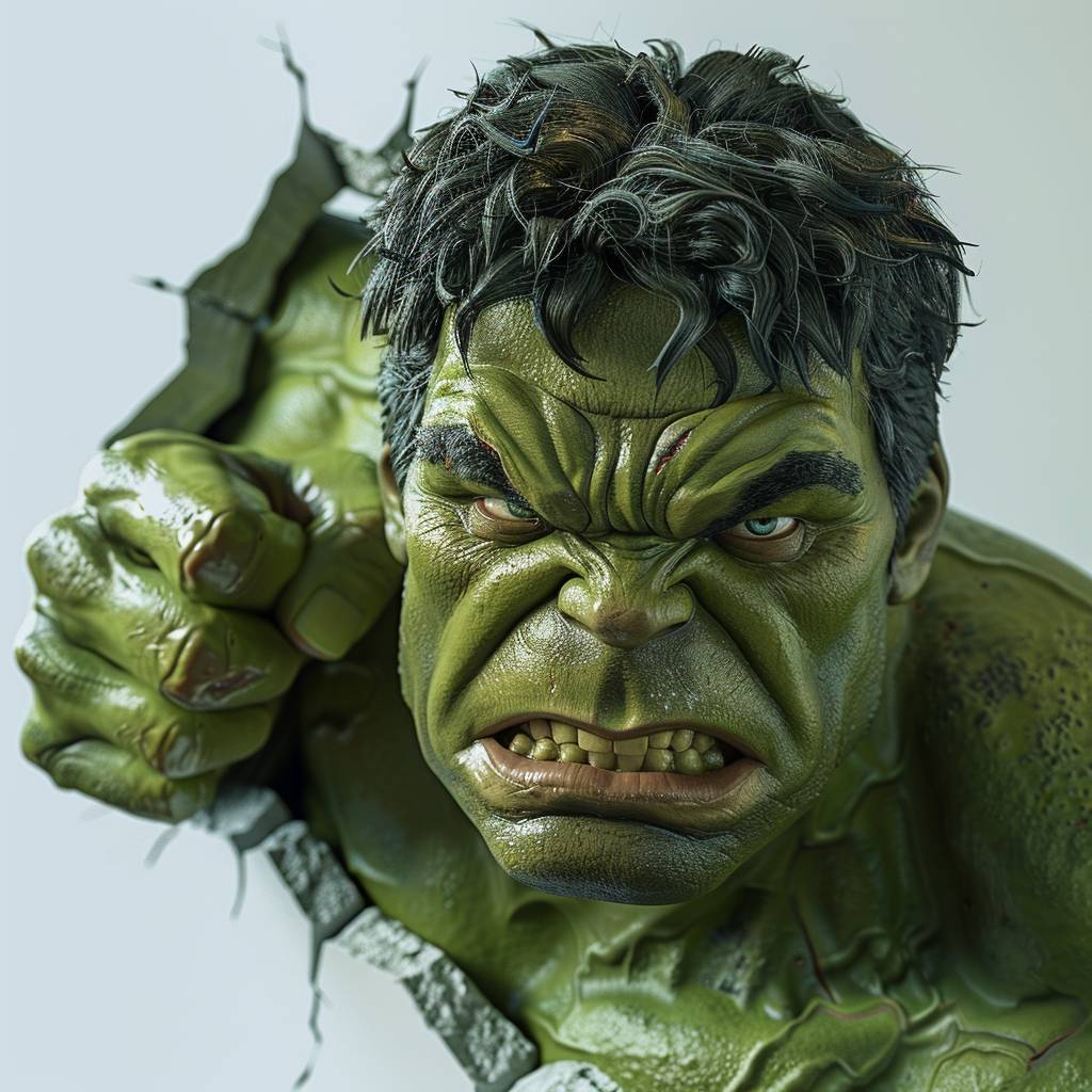 Front view, close-up shot of Hulk breaking through the white wall, looking directly into the camera, with closed fist, funny face expression, hyper-realistic --v 6.0
