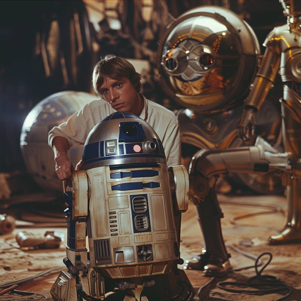 Film still of Star Wars characters in an action scene at [location], [scene], [lighting], [angle], shot with an analog camera in the 70s, saturated colors, detailed composition, directed by George Lucas